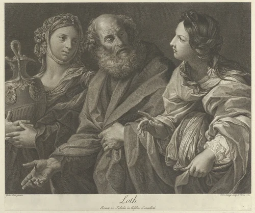 Lot flanked by his two daughters, one of them holding a decorated jug, after Reni by Domenico Cunego, print, 1771