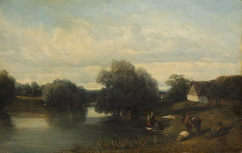 Cottage by the River with Washerwomen by Camille Flers, painting, 1835
