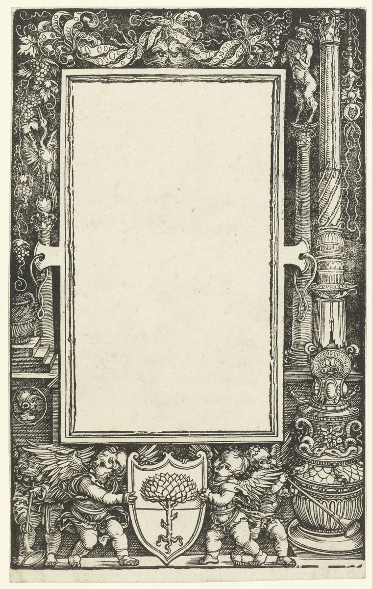 Ontwerp voor een titelblad met ornamentale lijst en wapen van Willibald Pirckheimer by Unknown, print, 1513
