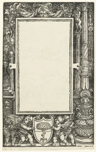 Ontwerp voor een titelblad met ornamentale lijst en wapen van Willibald Pirckheimer by Unknown, print, 1513