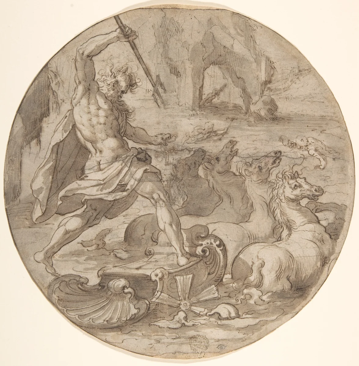 Neptune in his Chariot by Pieter de Jode, drawing, 1585-1634