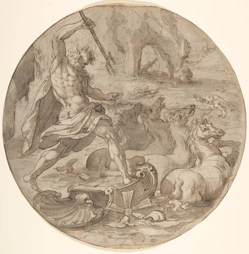 Neptune in his Chariot by Pieter de Jode, drawing, 1585-1634