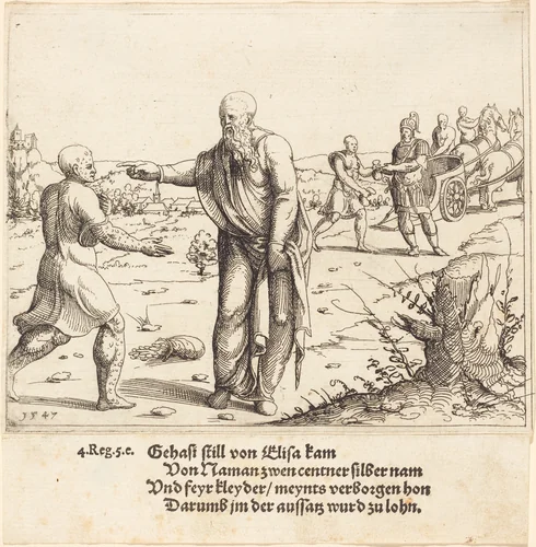 Elisha Punishes Gehazi with Naaman's Leprosy by Augustin Hirschvogel, print, 1547