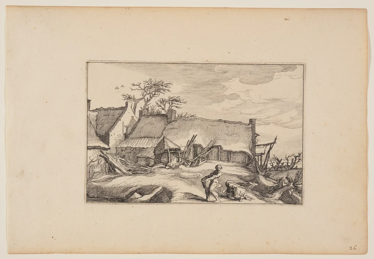 A Farmhouse, Man Carrying a Basket in Foreground, from Landscapes (Verscheyden aerdige Lanthuysen...) by Claes Jansz Visscher, print, 1620