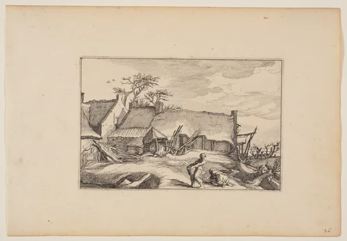 A Farmhouse, Man Carrying a Basket in Foreground, from Landscapes (Verscheyden aerdige Lanthuysen...) by Claes Jansz Visscher, print, 1620