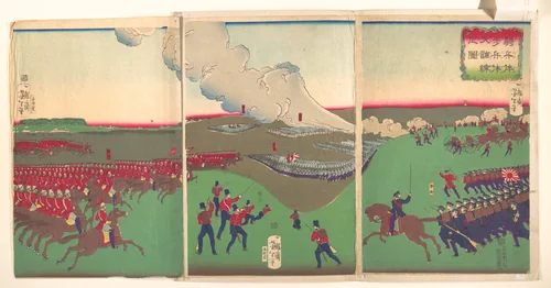 Illustration of Cavalry, Infantry and Soldiers Retreating (Kiheitai, hoheitai, daichōren no zu) by Tsukioka Yoshitoshi, print, 1867