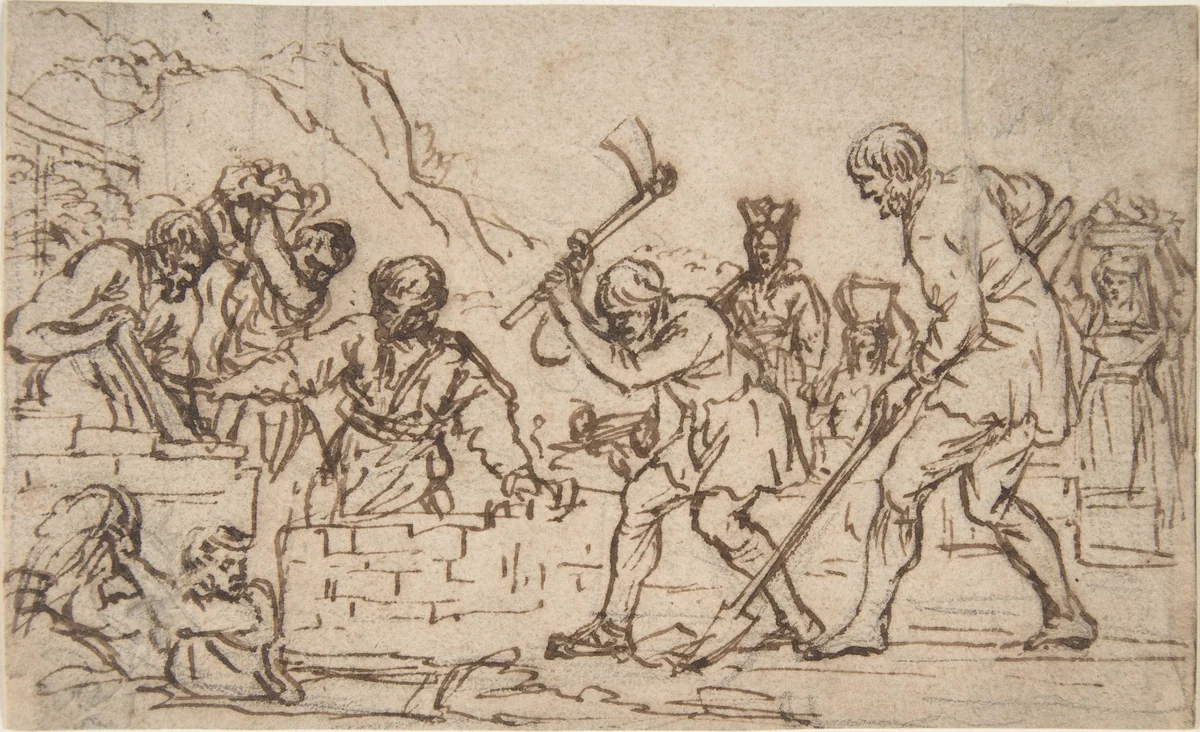 Men Digging and Constructing a Wall by Pietro da Cortona, drawing, 1605-1669