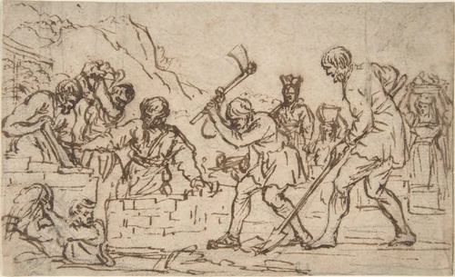 Men Digging and Constructing a Wall by Pietro da Cortona, drawing, 1605-1669