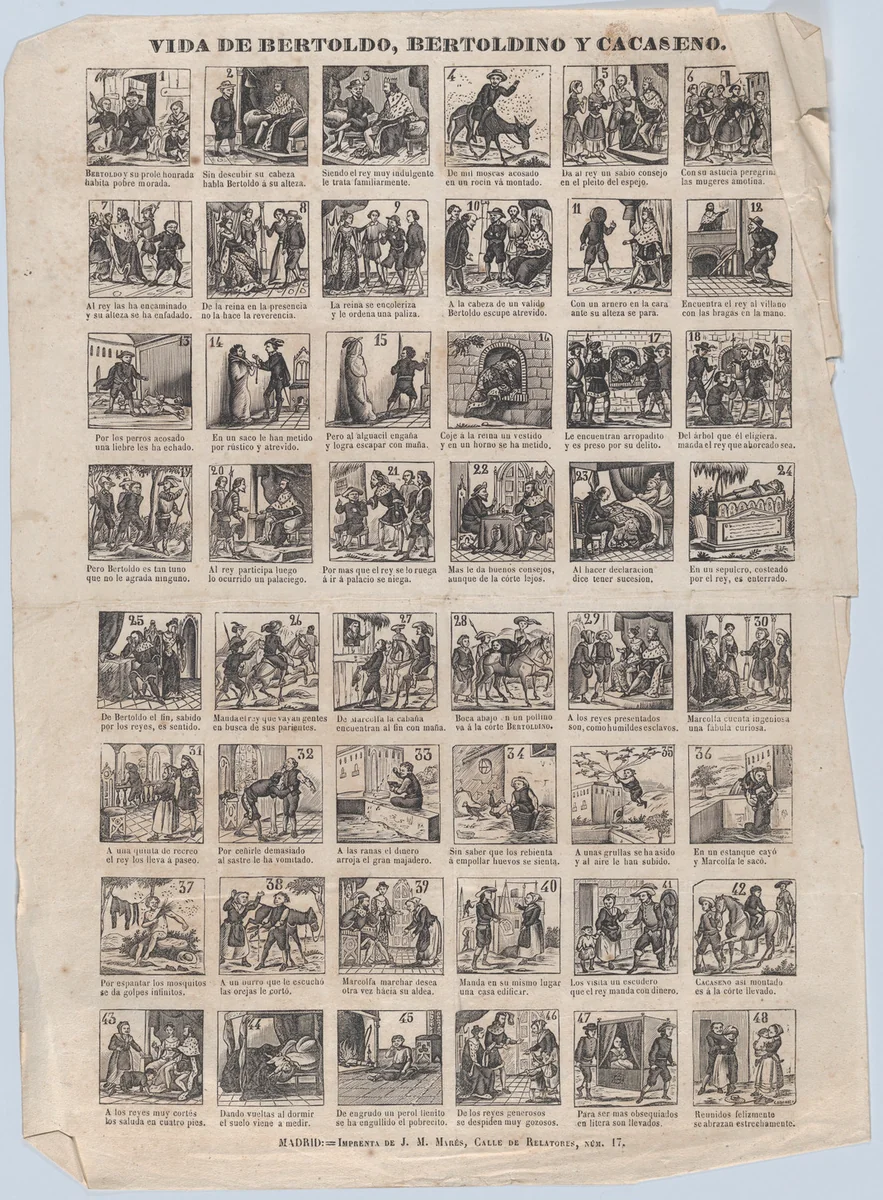 Broadside with 48 scenes from the lives of Bertoldo, Bertoldino and Cacaseno by José María Marés, print, 1855-1875