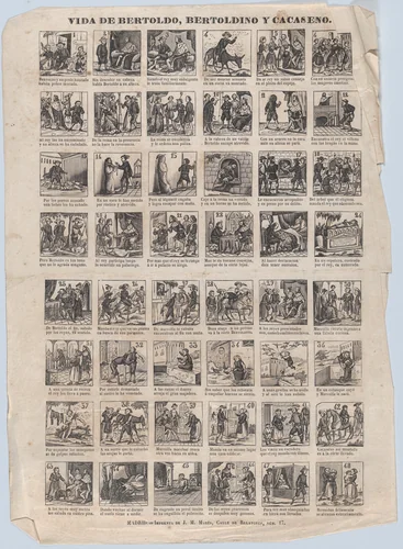 Broadside with 48 scenes from the lives of Bertoldo, Bertoldino and Cacaseno by José María Marés, print, 1855-1875