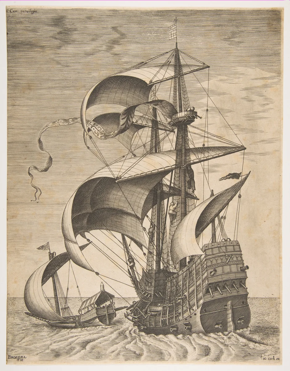 Armed Three-Master on the Open Sea Accompanied by a Galley, from the series Sailing Vessels by Pieter Bruegel, print, 1561-1565