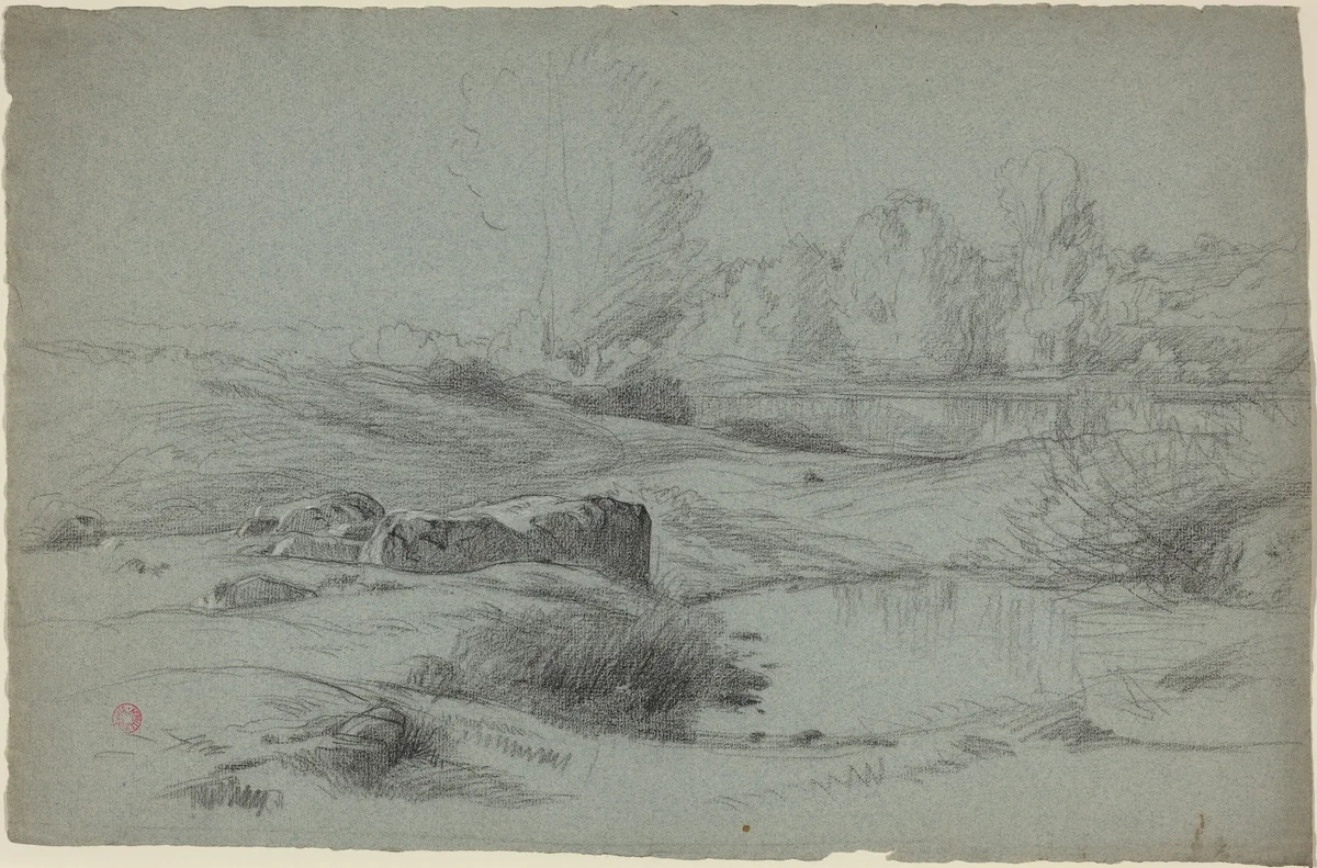 A Rocky Meadow by a River by Jean Achille Benouville, drawing, 1840