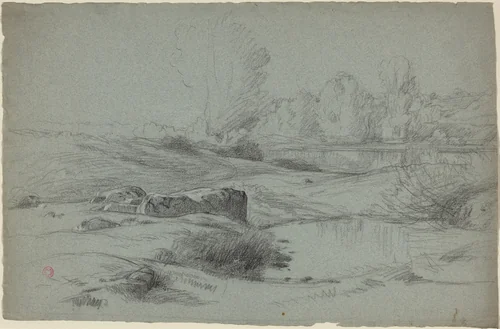 A Rocky Meadow by a River by Jean Achille Benouville, drawing, 1840