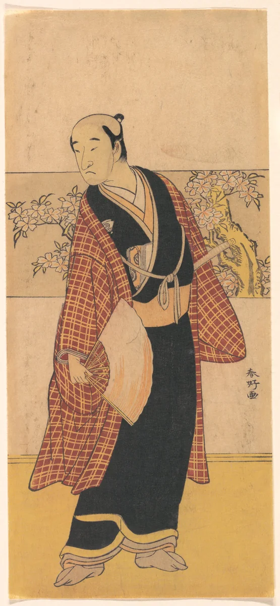 An Unidentified Actor Stands with an Open Fan in His Hand by Katsukawa Shunkō (勝川春好), print, 1743-1812