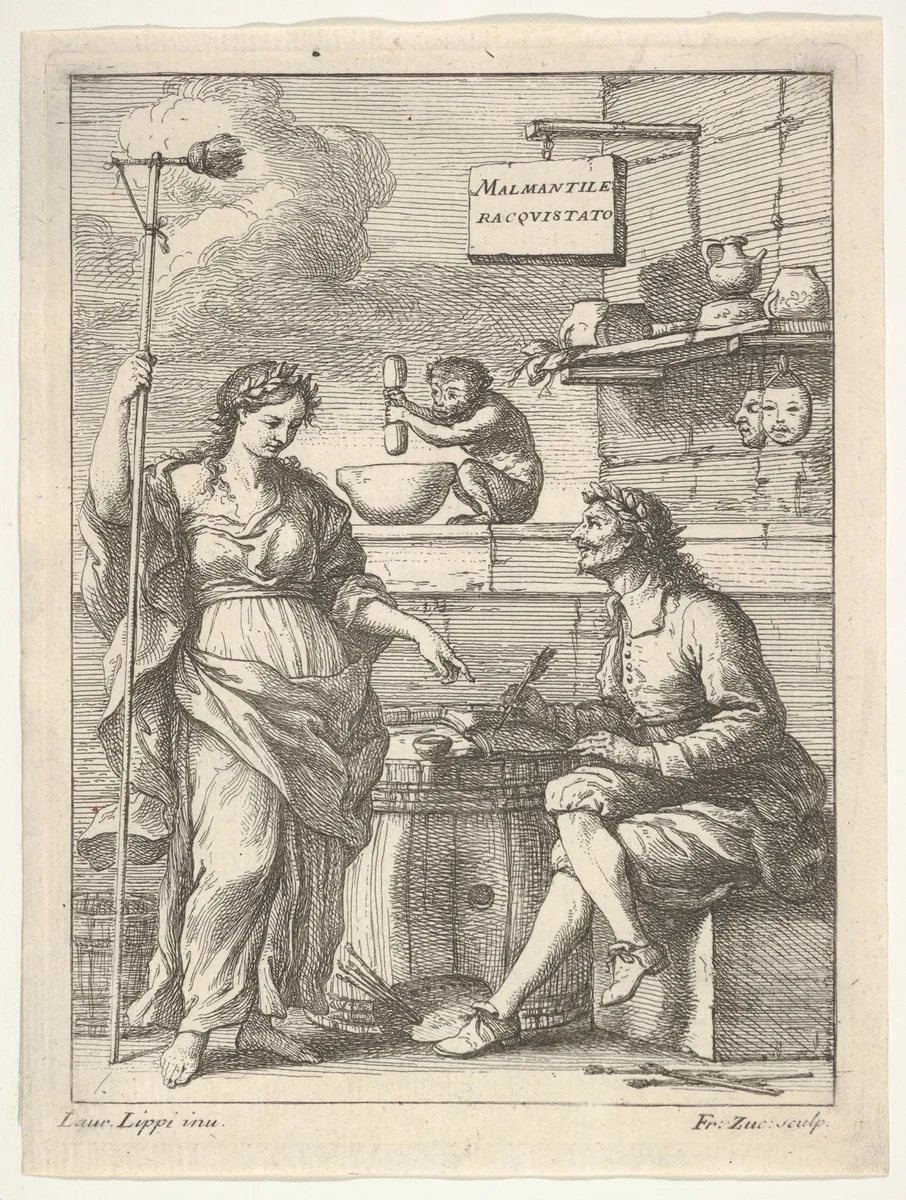 A monkey working a mortar and pestle, below Lorenzo Lippi (?) writing his humorous poem "Malmantile Racquistato", a muse standing at left by Francesco Zucchi, print, 1710-1764