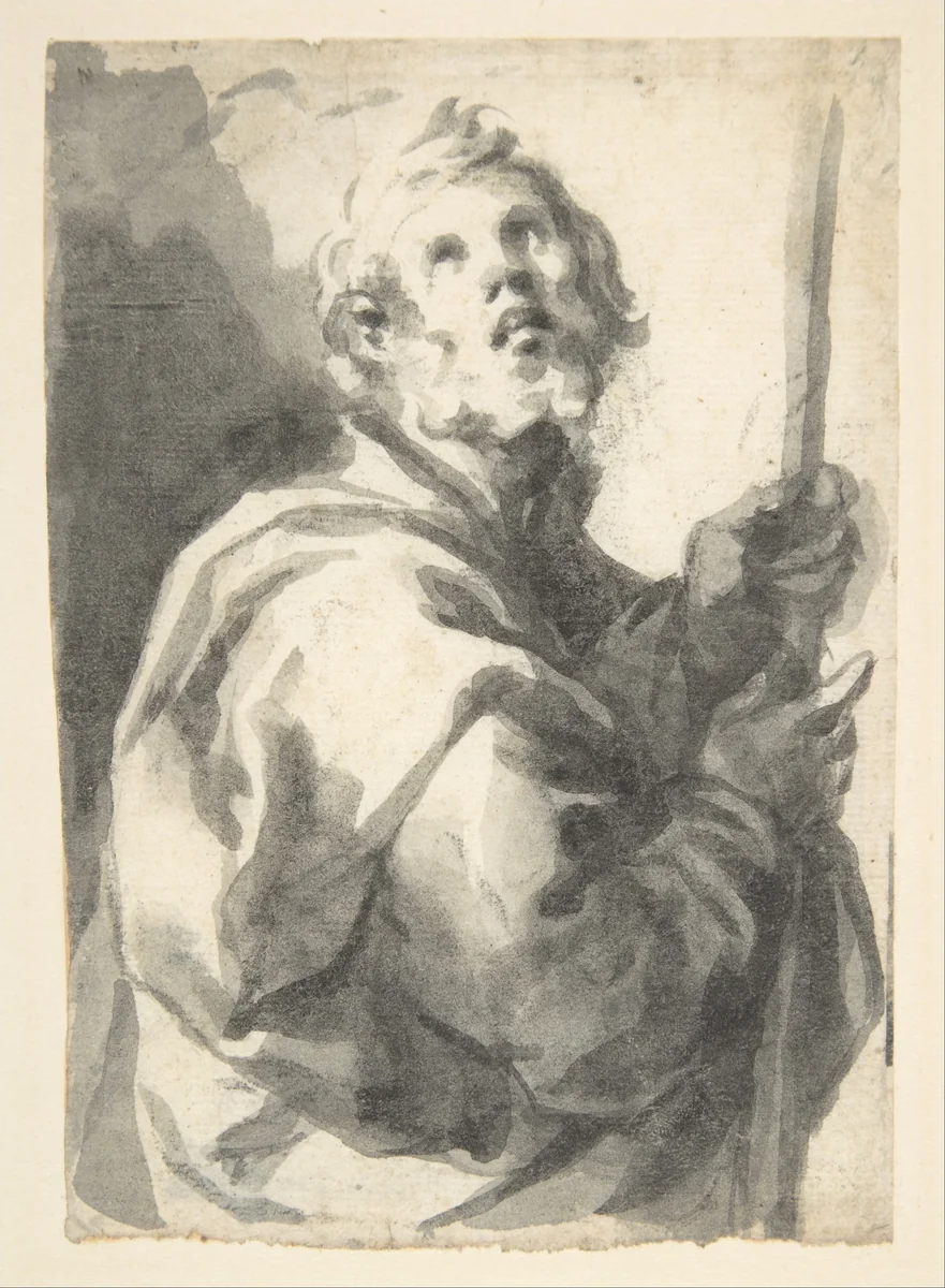 Male Saint with Staff, Half-Figure by Francisco Herrera, drawing, 1640