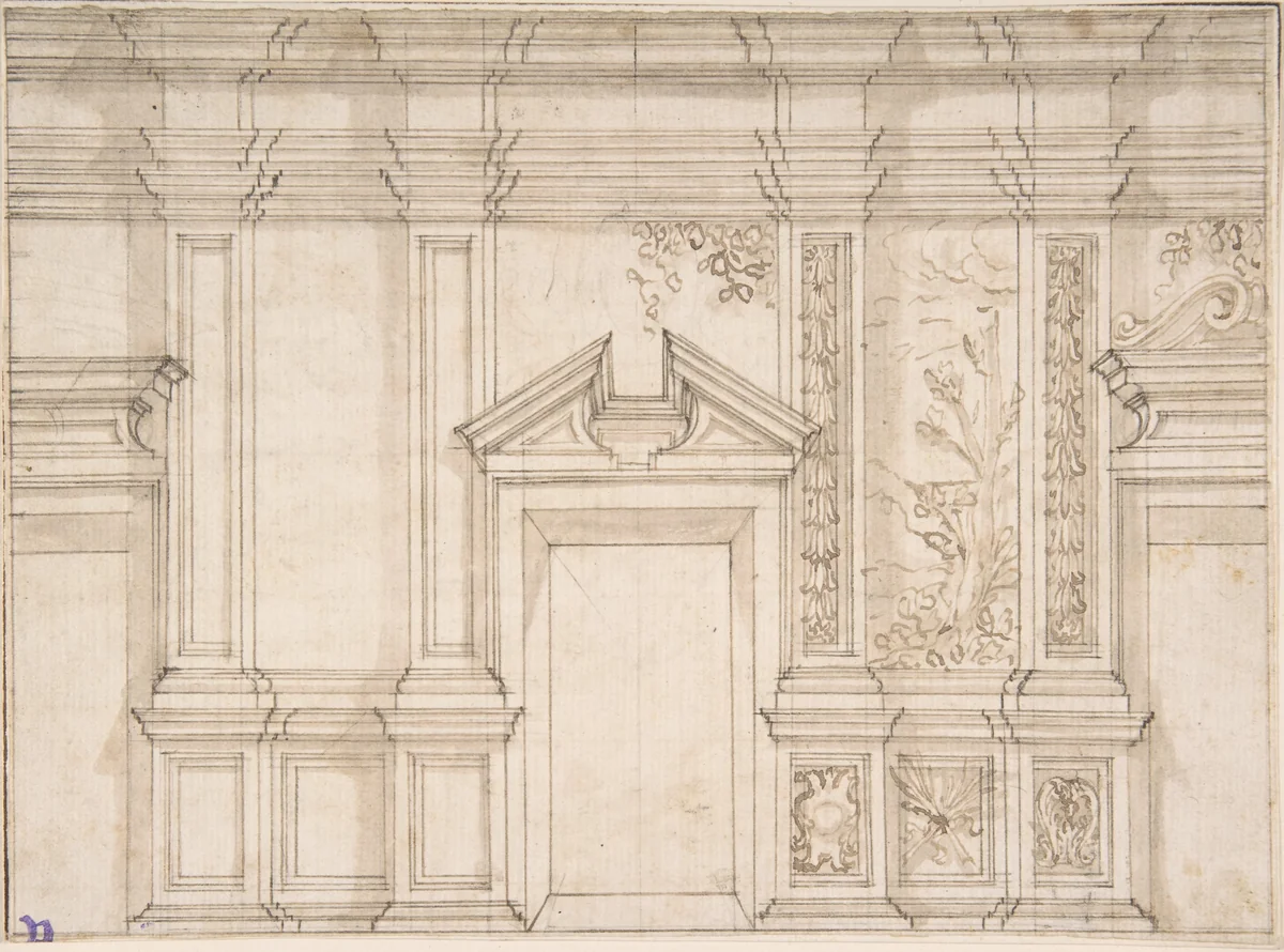 Design for a Wall Elevation with Garlands and a Landcape Scene by anonymous, drawing, 1600-1699