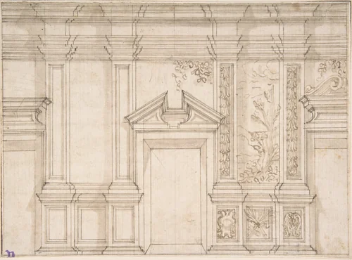 Design for a Wall Elevation with Garlands and a Landcape Scene by anonymous, drawing, 1600-1699