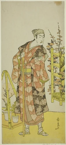 The Actor Matsumoto Koshiro IV as the Plant Seller Awashima no Yonosuke in the Play Mukashi Otoko Yuki no Hinagata, Performed at the Ichimura Theater in the Eleventh Month, 1781 by Katsukawa Shunsen, print, 1776-1786
