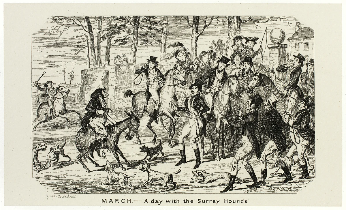 March - A Day With the Surrey Hounds from George Cruikshank's Steel Etchings to The Comic Almanacks: 1835-1853 by George Cruikshank, print, 1840