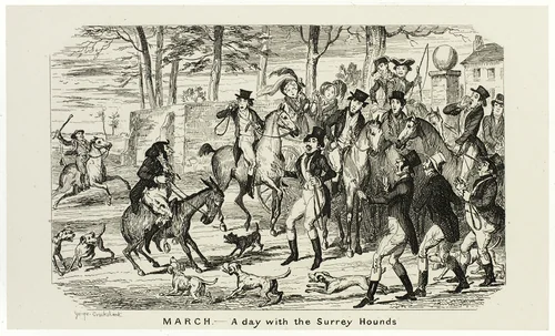 March - A Day With the Surrey Hounds from George Cruikshank's Steel Etchings to The Comic Almanacks: 1835-1853 by George Cruikshank, print, 1840