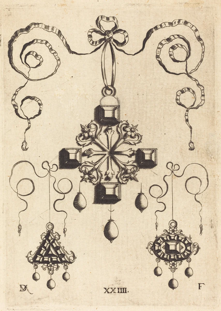 Pendant with Double Cross at Centre, Surrounded by Four Large Table-Stones by Daniel Mignot, print, 1516-1653