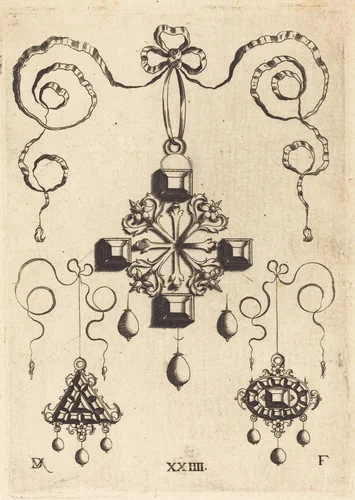 Pendant with Double Cross at Centre, Surrounded by Four Large Table-Stones by Daniel Mignot, print, 1516-1653
