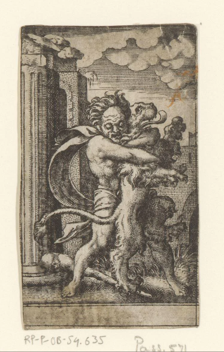 Hercules en de Nemeïsche leeuw by Unknown, print, 1524-1562