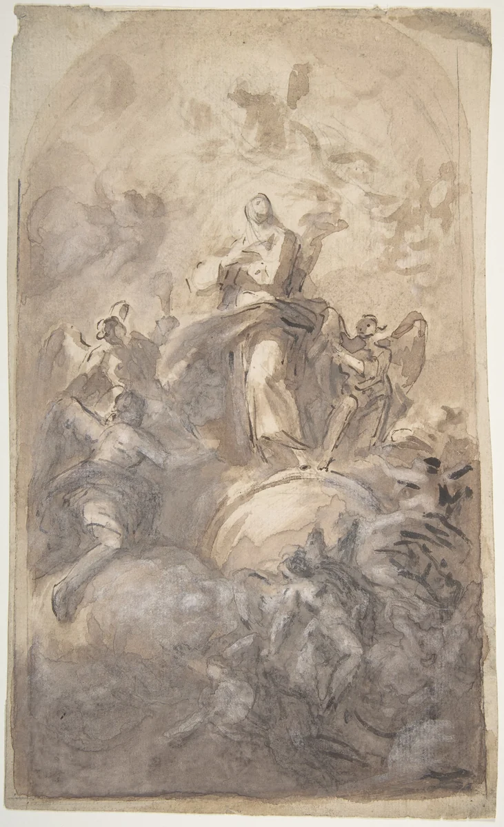 The Virgin Immaculate in Glory (recto); Sketch of a Part of a Leg and a Hand (verso) by Domenico Mondo, drawing, 1723-1806