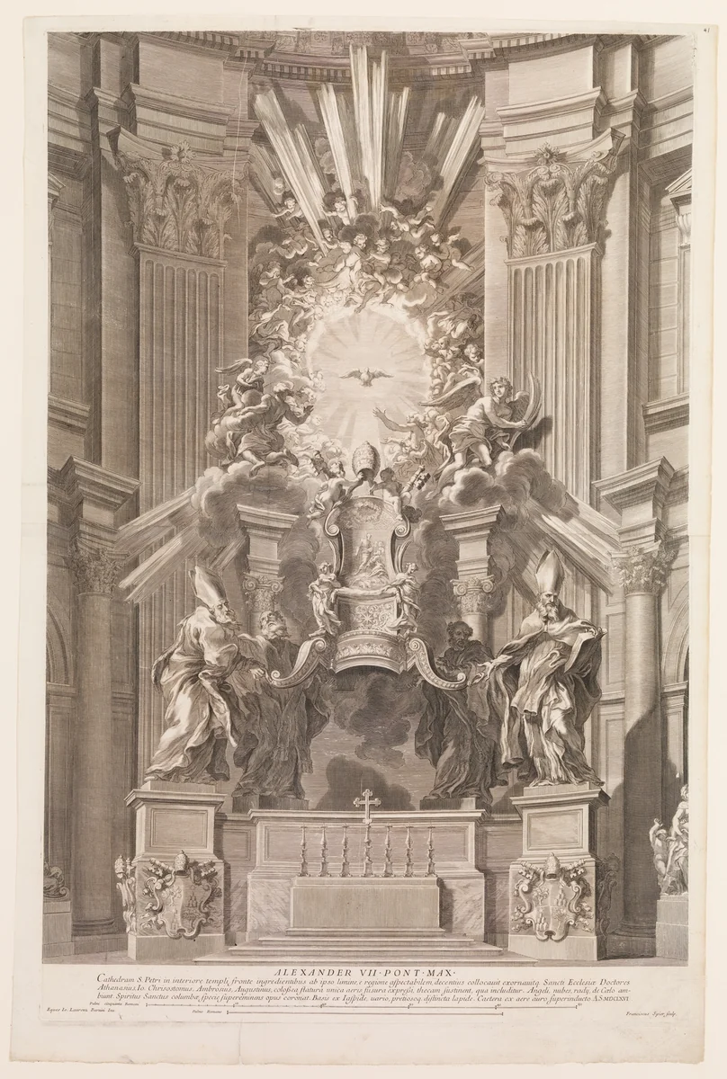 Cathedram S. Petri in interiore templi fronte...Plate 41 from the Album 'Basilica di S. Pietro in Vaticano' by François Spierre, print, 1666-1700