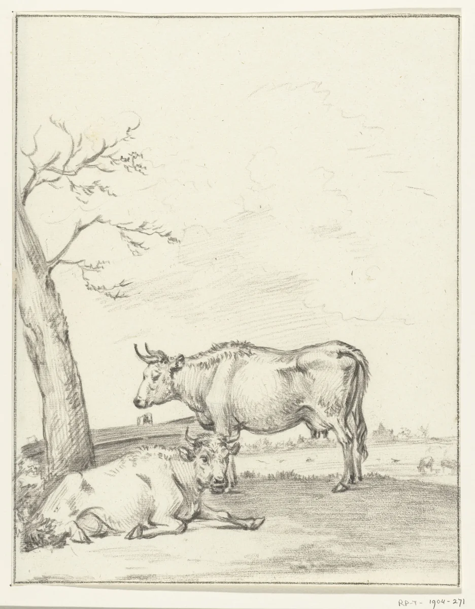 Staande en liggende koe by Jean Bernard, drawing, 1775-1833