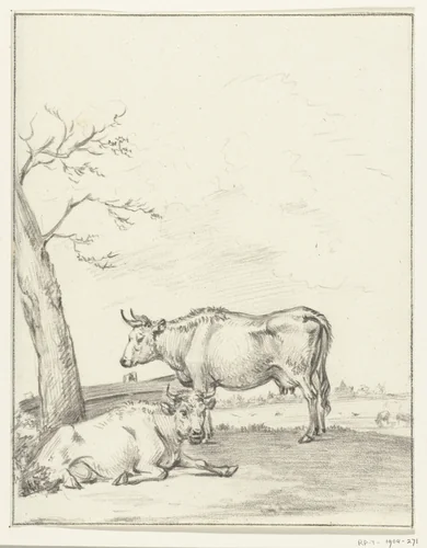 Staande en liggende koe by Jean Bernard, drawing, 1775-1833
