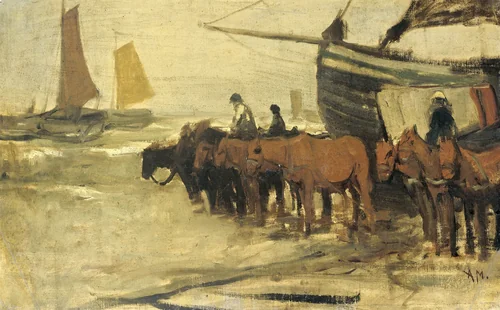 Het in zee brengen van een visserspink by Anton Mauve, painting, 1870-1888