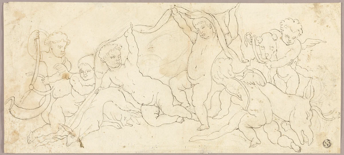 Putti at Play with Deer and Dog by Unknown Artist, drawing, 1775-1834