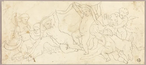 Putti at Play with Deer and Dog by Unknown Artist, drawing, 1775-1834