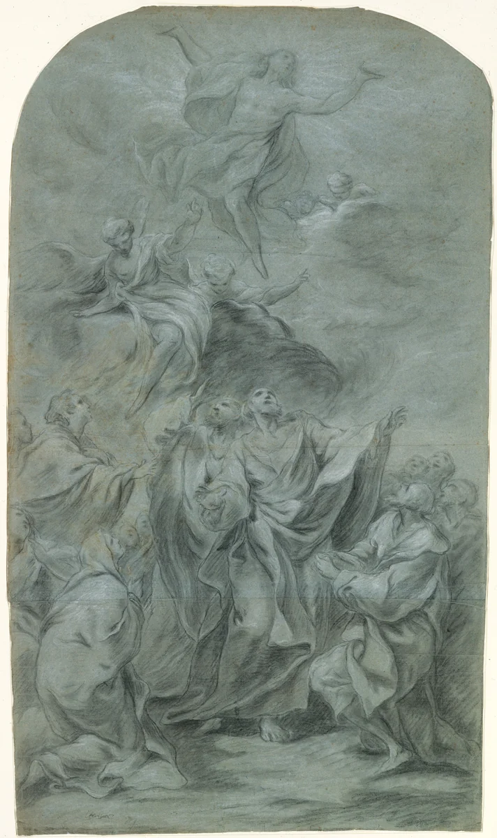 The Ascension of Christ (recto); Head of a Bearded Man Looking Down (verso) by Pierre Charles Trémolières, drawing, 1732-1742