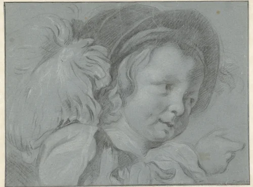 Studie van een kinderhoofdje met een hoed by Jan Verkolje, drawing, 1660-1693