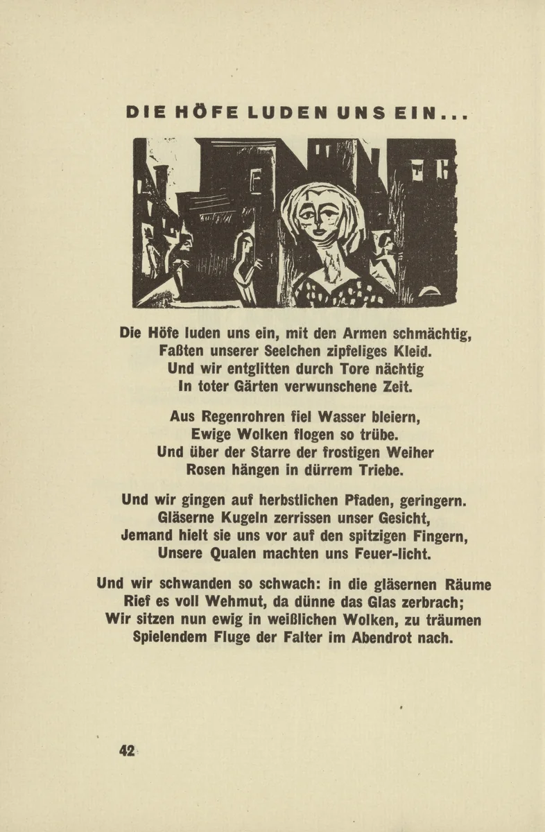 The Yards Invited Us... (Die Höfe luden uns ein...) (headpiece, page 42) from Umbra vitae (Shadow of Life) by Ernst Ludwig Kirchner, illustrated book, 1924