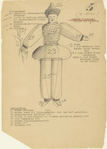 Dancer (Turkish): Partner of Dancer 8 (Tänzer [Türkisch]: Partner der Tänzerin 8) from Notes and sketches for The Triadic Ballet (Das triadische Ballett) by Oskar Schlemmer, drawing, 1938