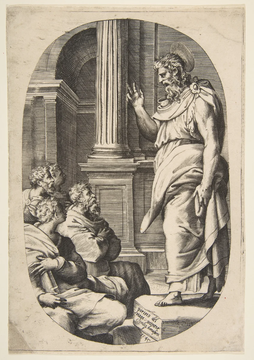 Saint Paul Preaching, an oval composition by Giulio Bonasone, print, 1547