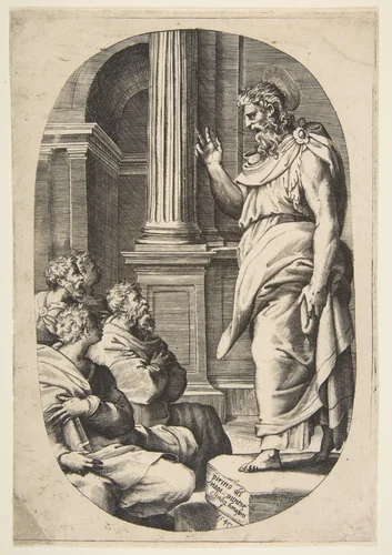 Saint Paul Preaching, an oval composition by Giulio Bonasone, print, 1547