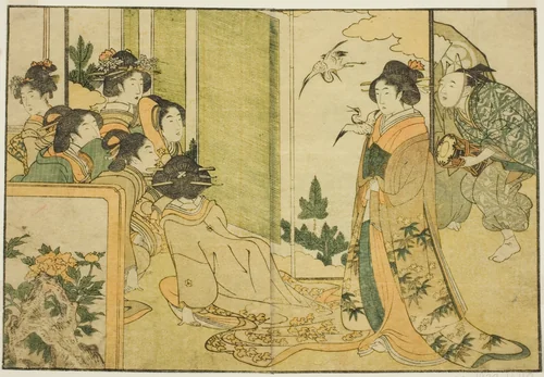 New Year Manzai Performance at a Feudal Lord's Mansion, from the illustrated book "Picture Book: Flowers of the Four Seasons (Ehon shiki no hana)," vol. 1 by Kitagawa Utamaro (喜多川歌麿), print, 1801
