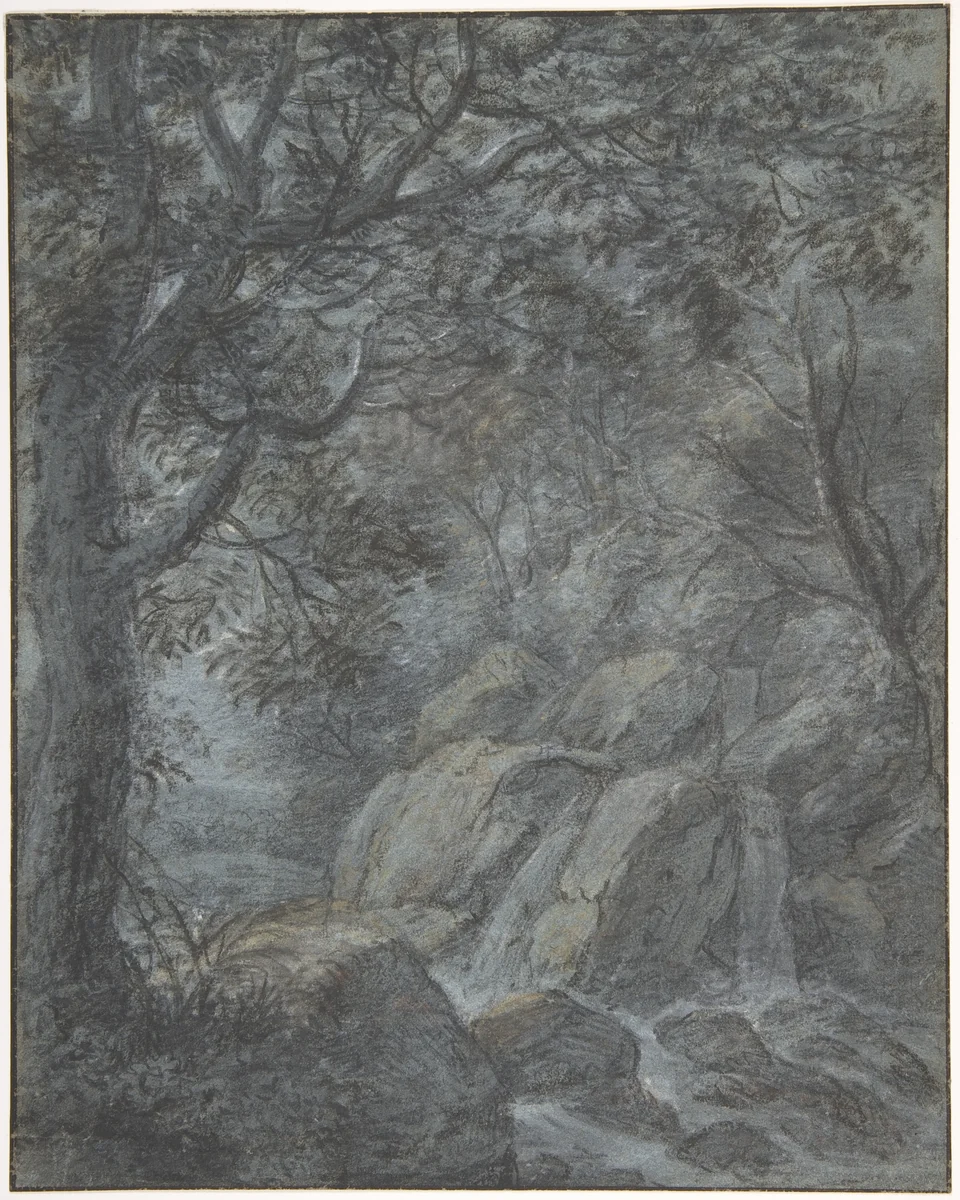 River Landscape with Mountain Stream by Anthonie Waterloo, drawing, 1620-1690