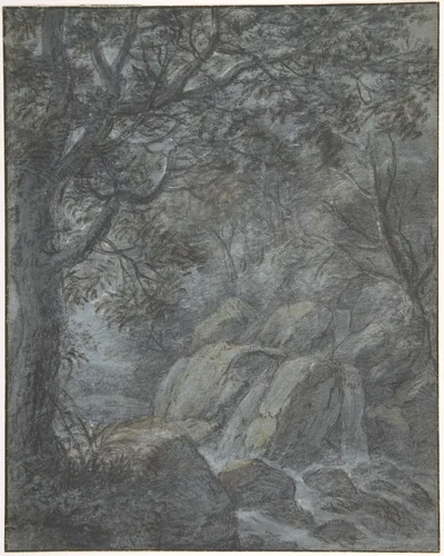 River Landscape with Mountain Stream by Anthonie Waterloo, drawing, 1620-1690