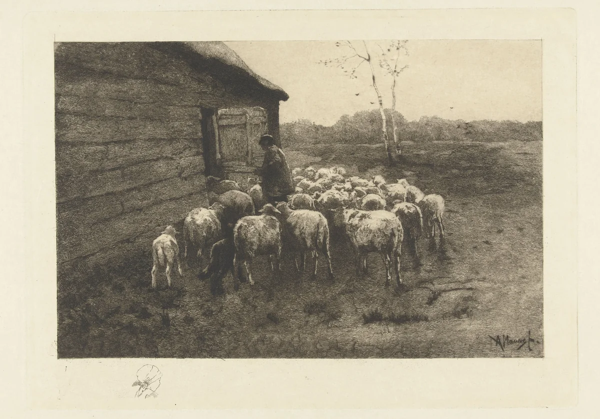 Herder met kudde schapen voor de stal by Petrus Johannes Arendzen, print, 1856-1900