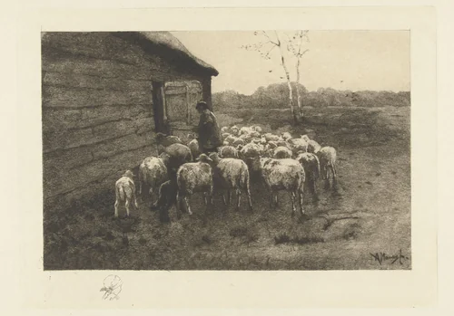 Herder met kudde schapen voor de stal by Petrus Johannes Arendzen, print, 1856-1900