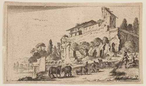 Villa Incorporating Ruins on a Rise to Right of River, from Twelve Landscapes by Gillis van Scheyndel, print, 1605-1650