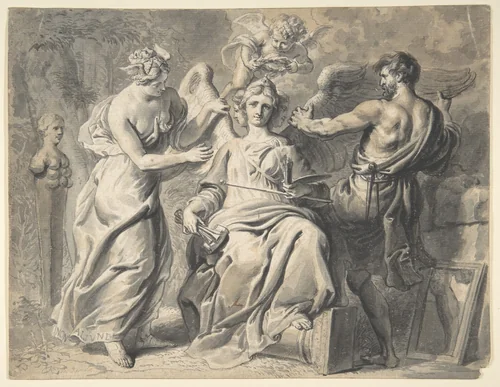 An Allegory of the Arts with Isis and Geometry Attending the Three-headed Figure of Painting and Sculpture, a Putto Crowning her with Laurels by Erasmus Quellinus, drawing, 1615-1678