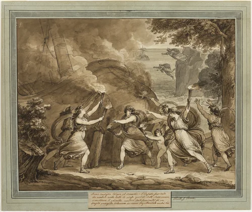 Cupid Advises Calypso to Set Fire to Mentor’s Ship, from The Adventures of Telemachus, Book 7 by Bartolomeo Pinelli, drawing, 1808