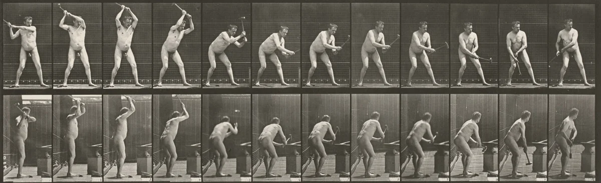 Plate Number 376. Blacksmith, hammering on anvil with two hands by Eadweard Muybridge, photograph, 1887